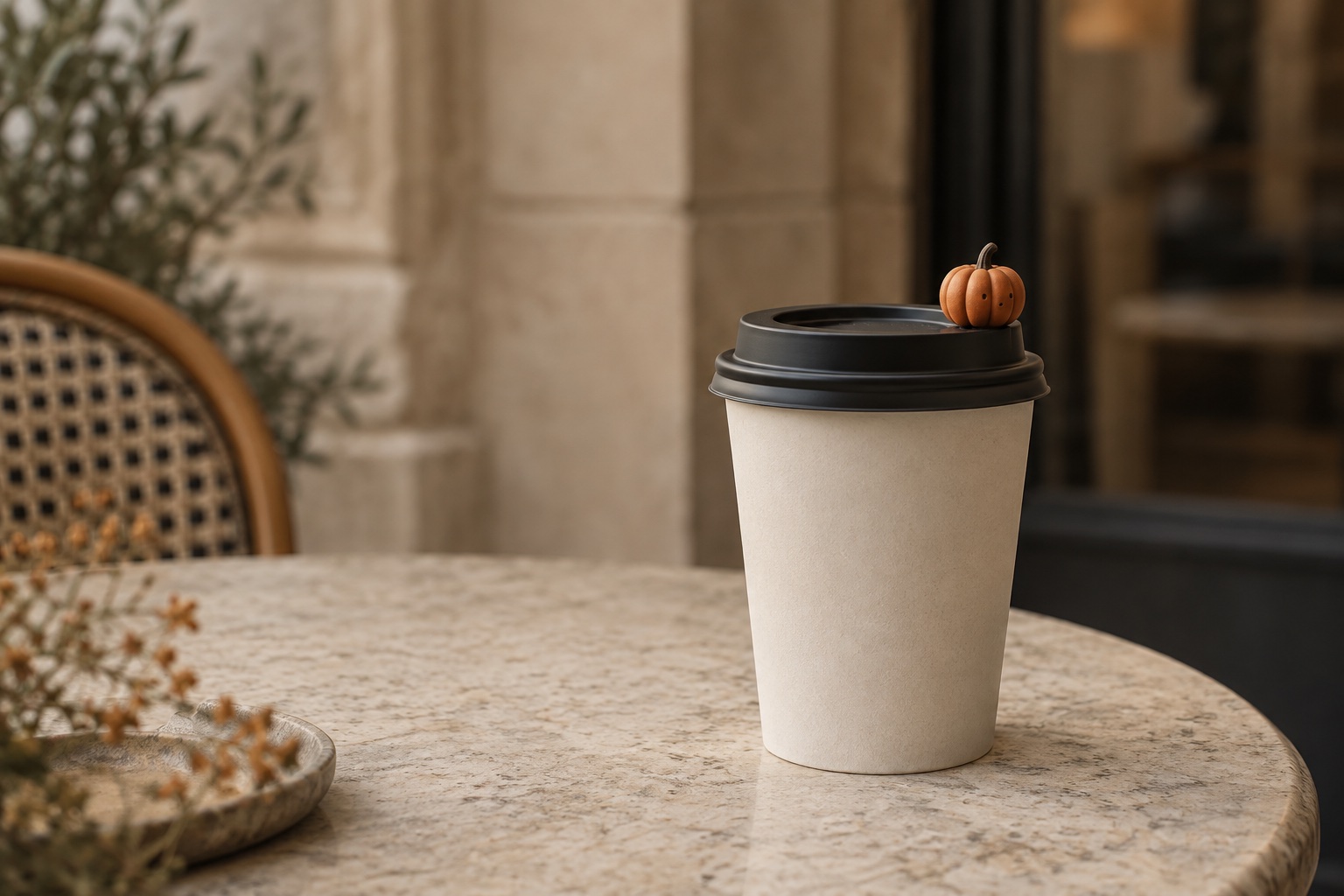 Une petite figurine citrouille fixée au couvercle d'un café à emporter